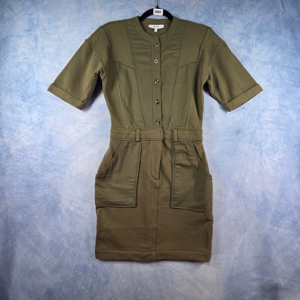 Reiss Olive Green Utility Mini Dress‎ Cotton Blend Button Front Khaki Size USA 2